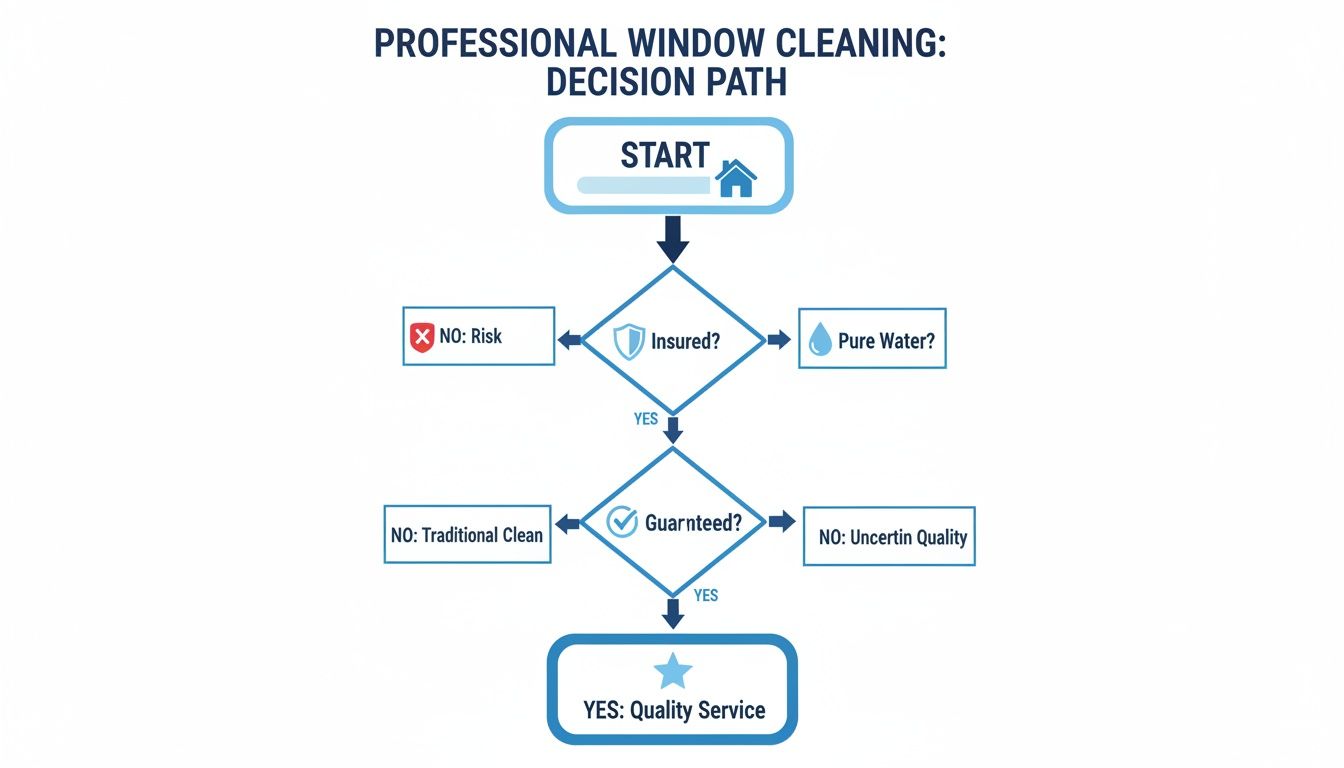 Flowchart outlining the decision path for professional window cleaning, including insurance and guarantee questions.