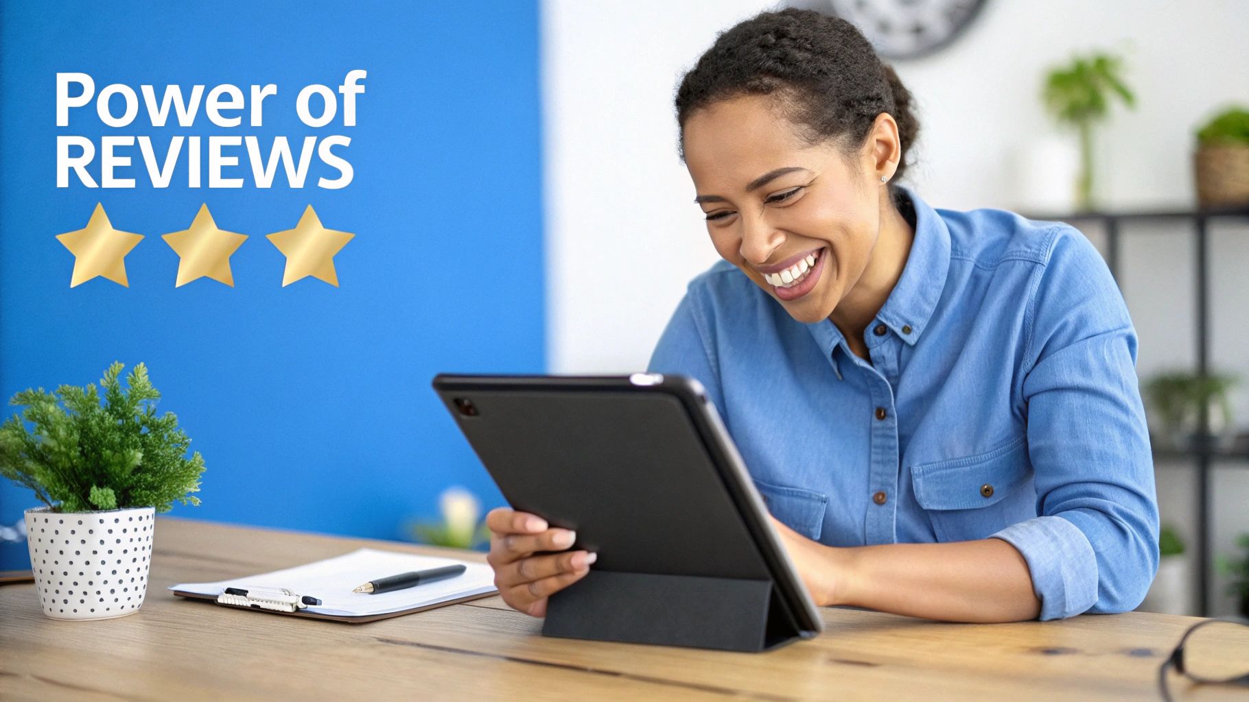 A smiling woman looks at a tablet, next to text 'Power of REVIEWS' and three gold stars.