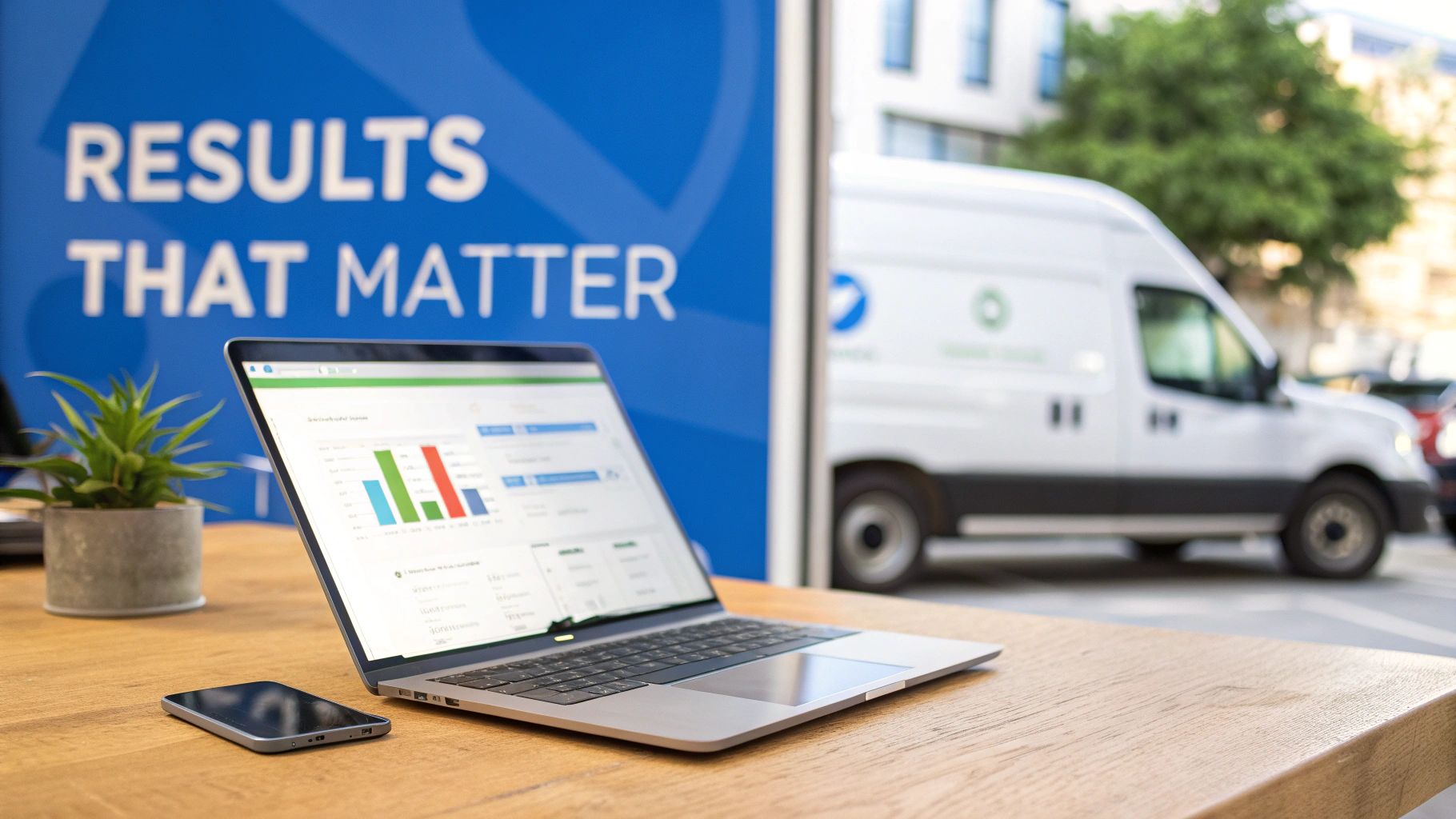Laptop displaying business data charts on a wooden desk with a smartphone, plant, and a delivery van.