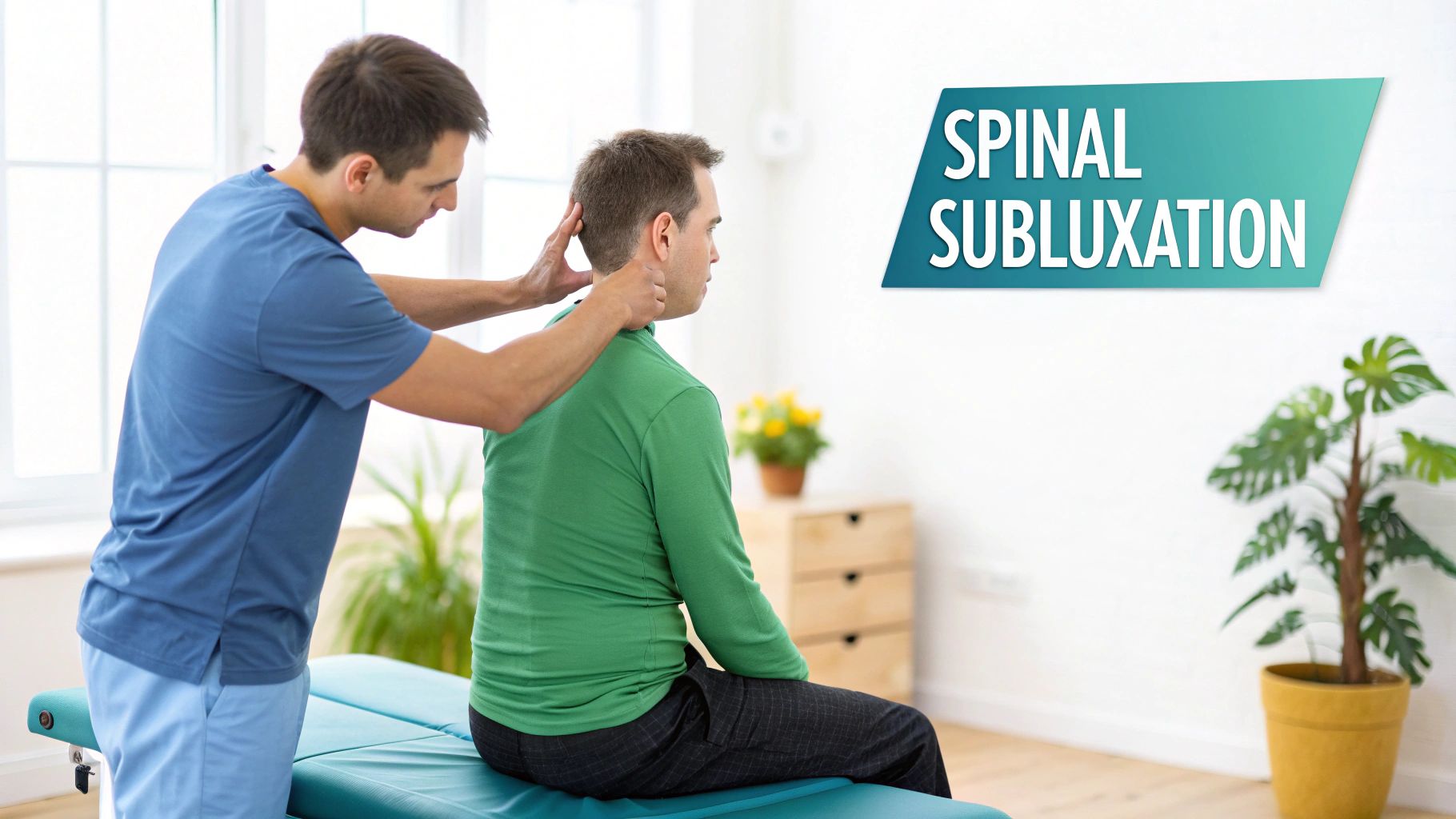A chiropractor performs a neck adjustment on a male patient, related to spinal subluxation.