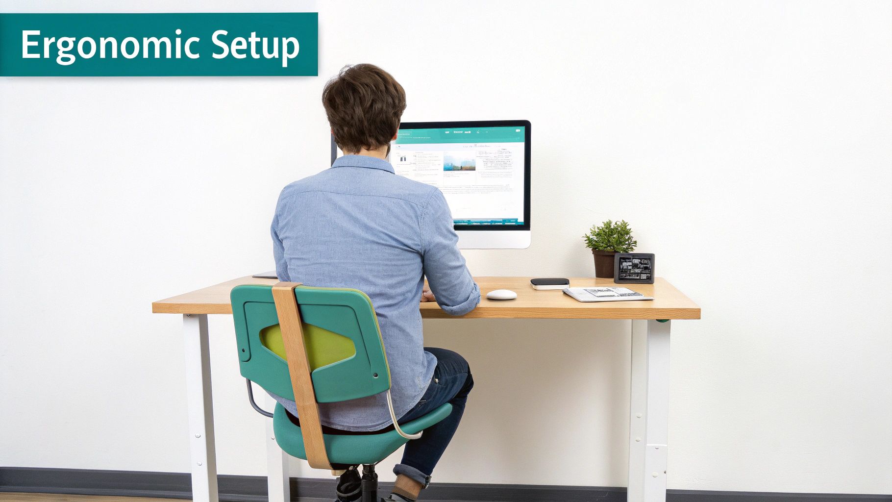 A person works at an ergonomic desk setup, focused on a computer screen. A plant sits nearby.