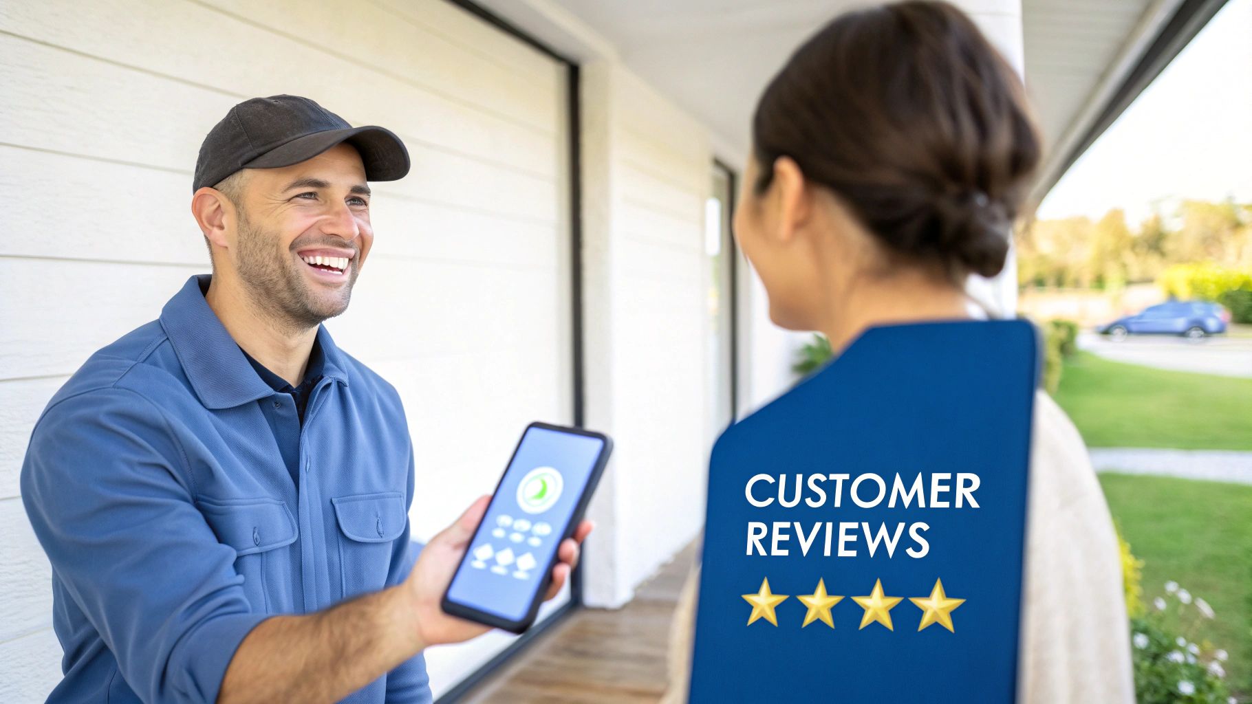 Service worker smiling, showing a feedback app to a customer with 'CUSTOMER REVIEWS' and five stars.