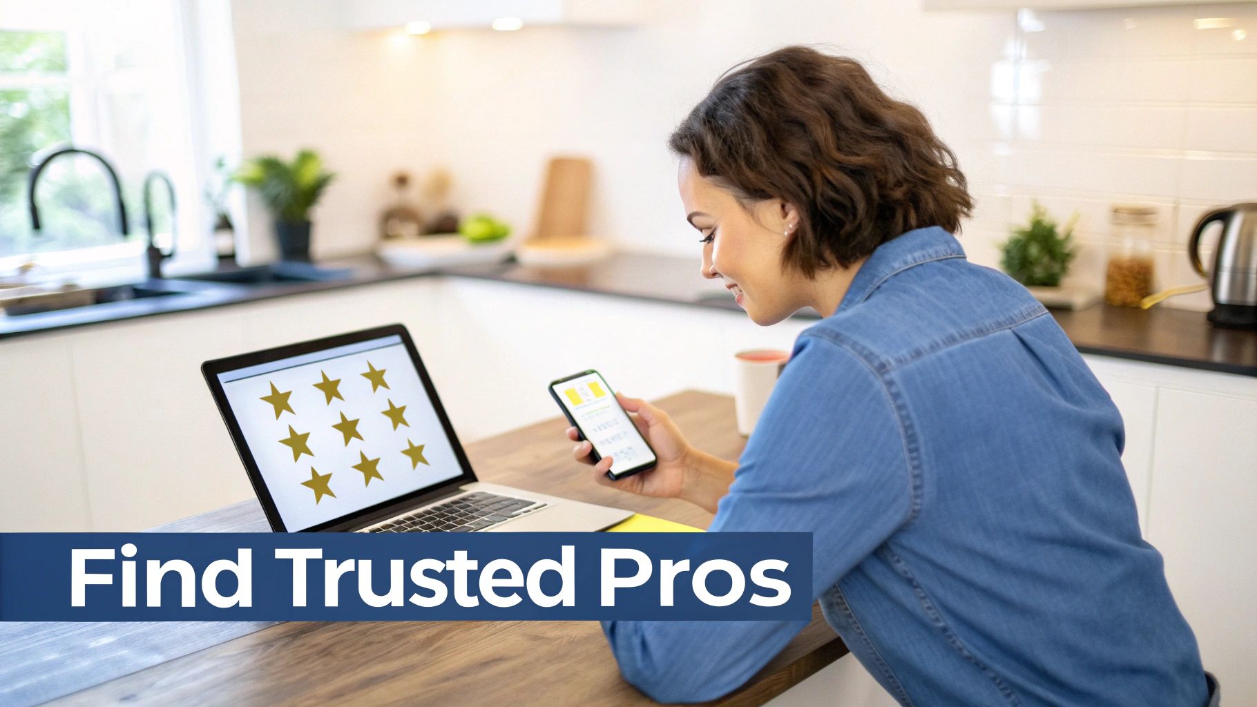 Woman in a modern kitchen using a smartphone and laptop displaying golden stars, seeking trusted professionals.