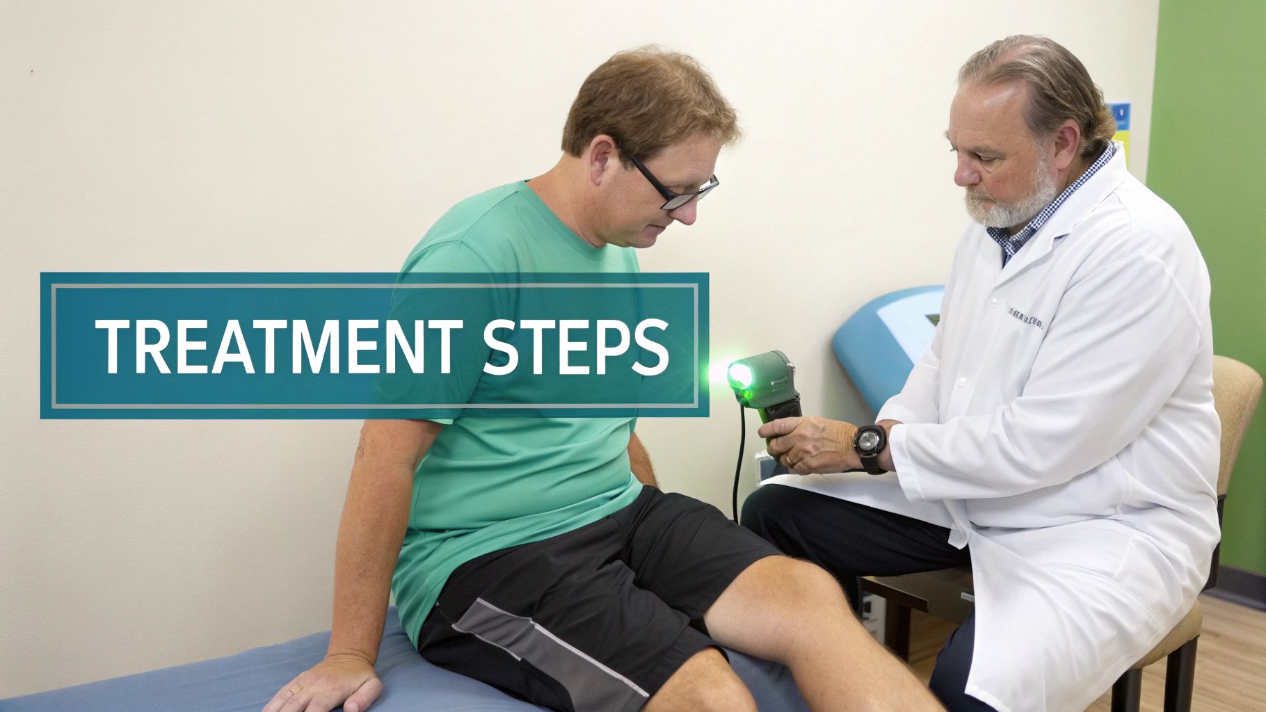 A doctor in a white coat performs laser therapy on a patient's knee during a medical treatment session.