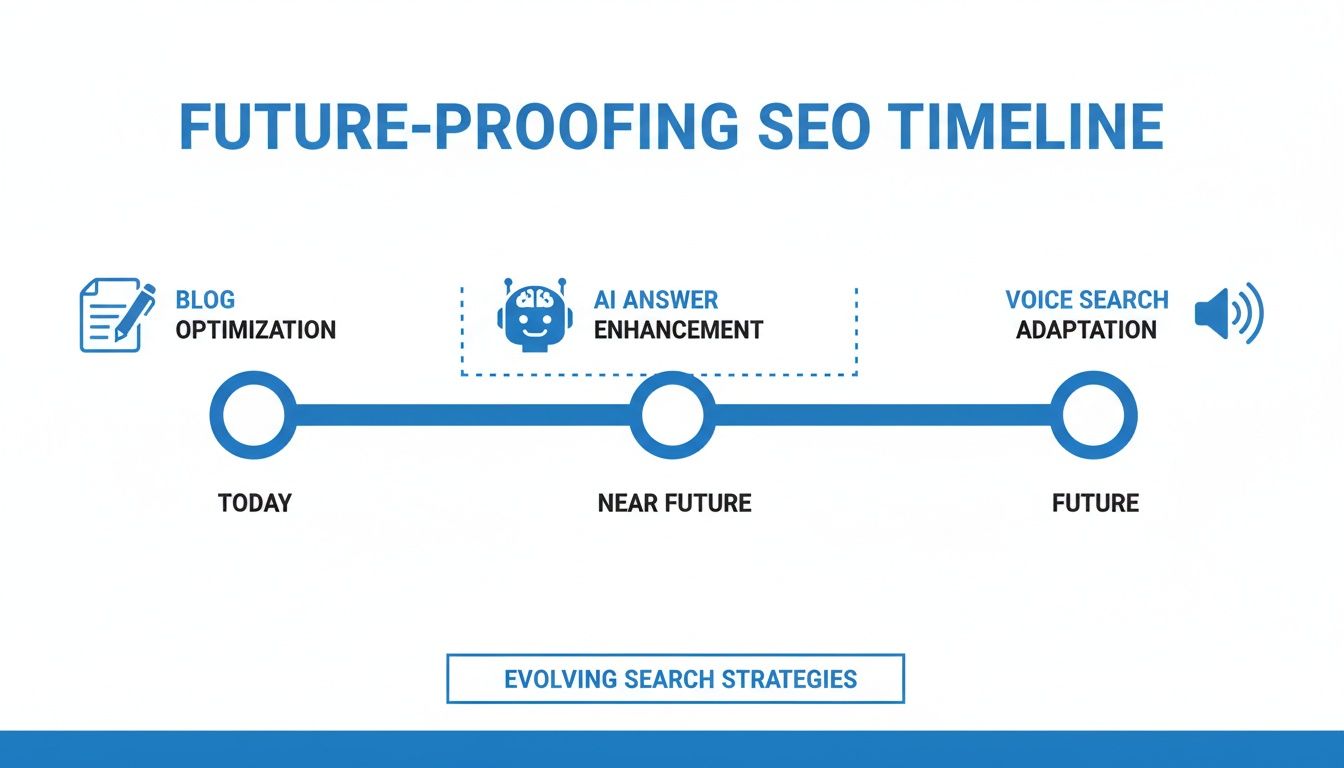 A timeline showing future-proofing SEO strategies: blog optimization, AI answer enhancement, and voice search adaptation.