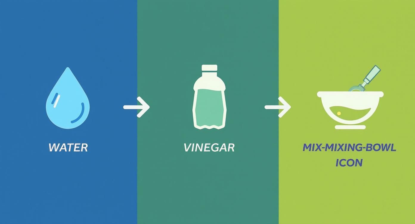 Infographic showing water droplet, vinegar bottle, and a mixing bowl, illustrating ingredients for a cleaning solution.