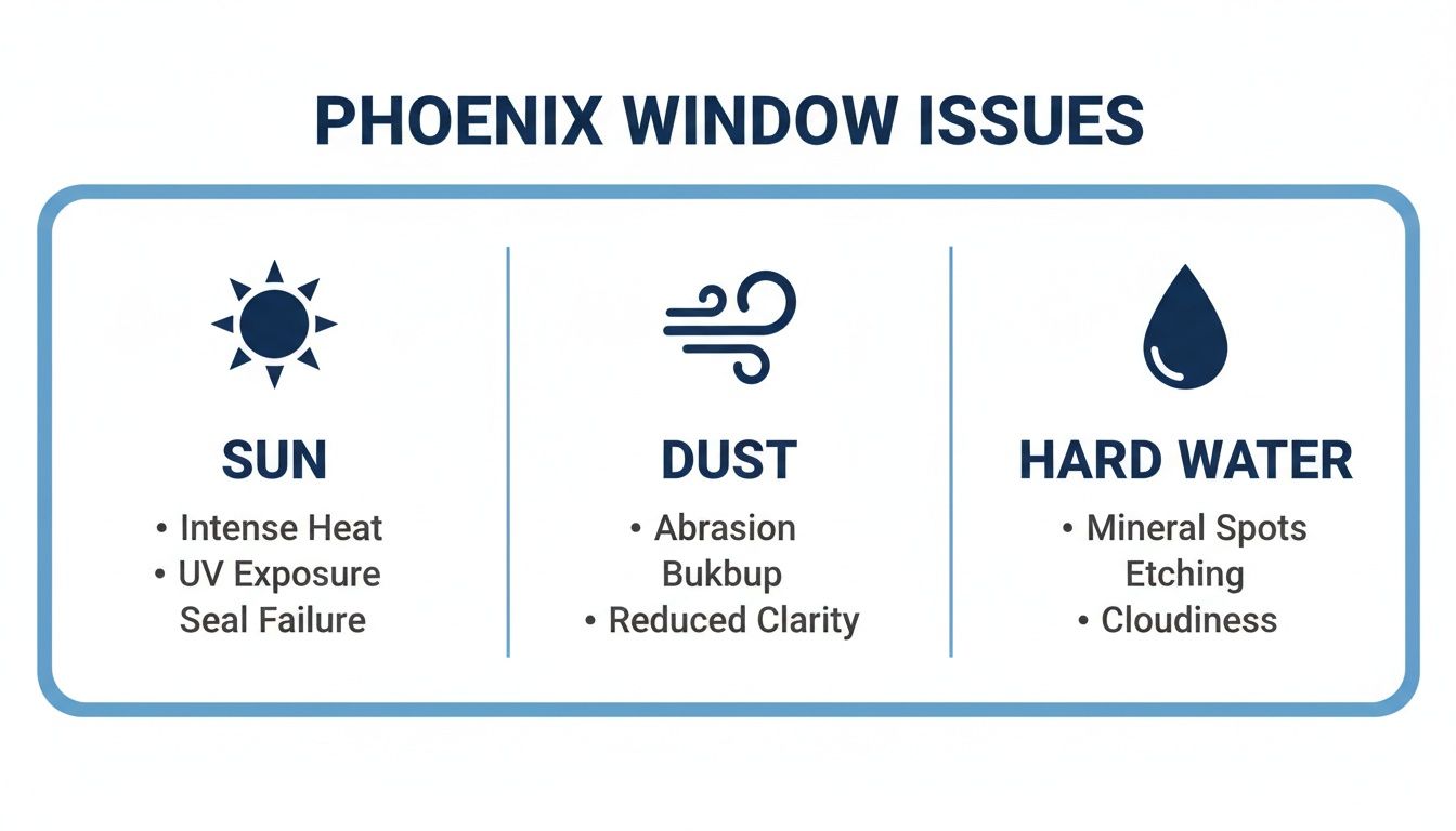 An infographic detailing common window issues in Phoenix, Arizona, including sun, dust, and hard water.