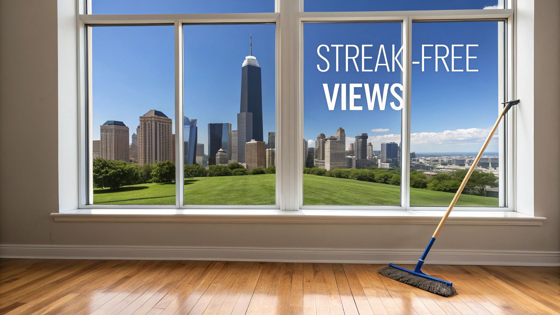 A sparkling clean window offering "streak-free views" of a beautiful cityscape and green landscape.