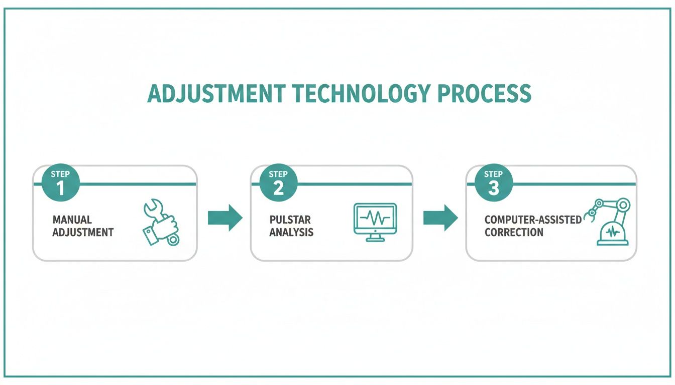 A three-step adjustment technology process including manual adjustment, pulstar analysis, and computer-assisted correction.