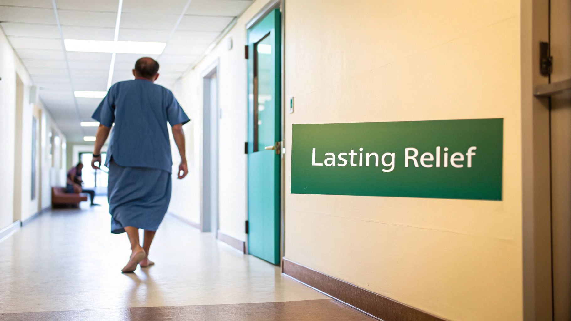 A person in blue scrubs walks down a hospital hallway past a "Lasting Relief" sign.
