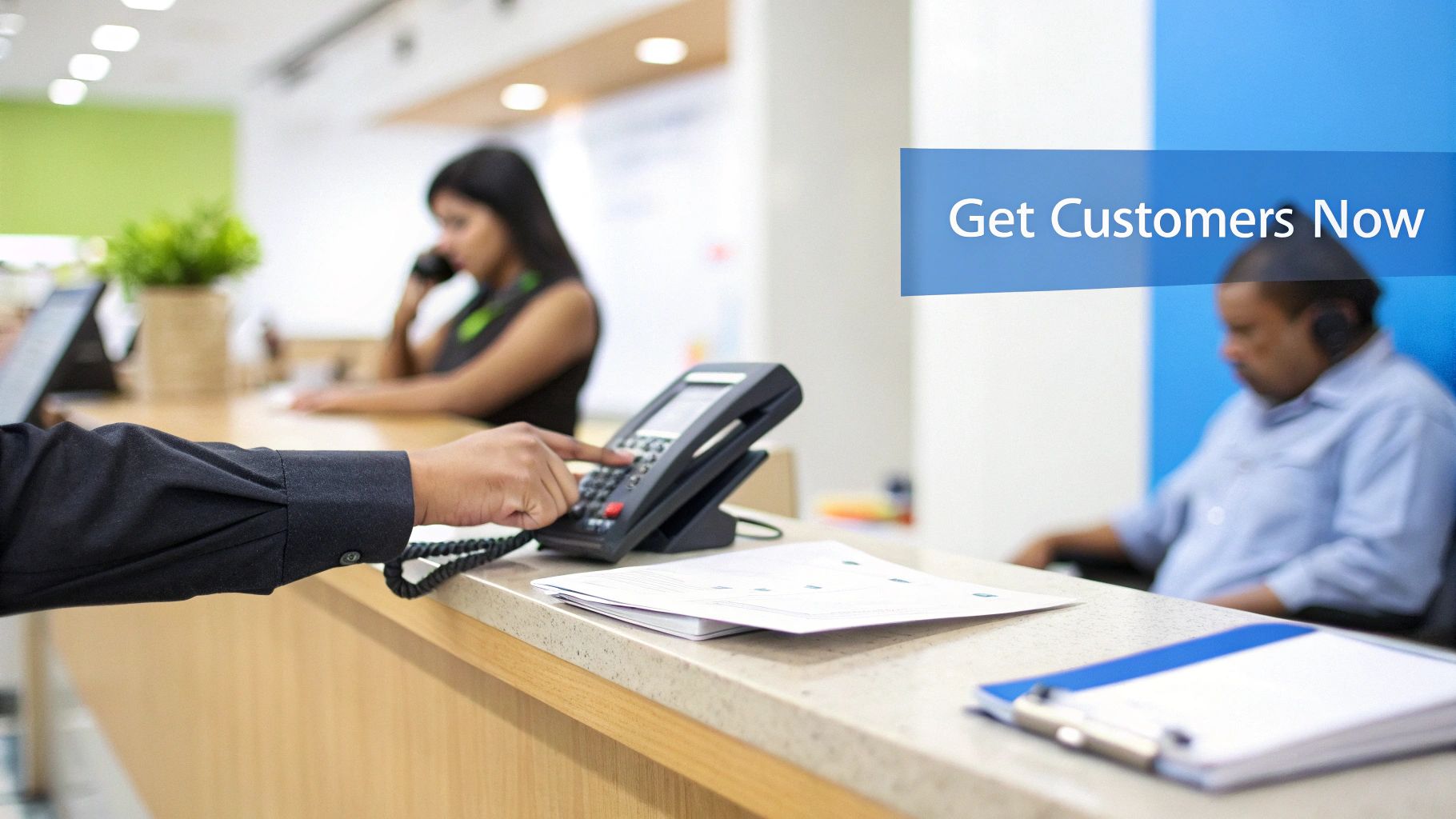A person's hand dialing on a black desk phone in a modern office with employees working.