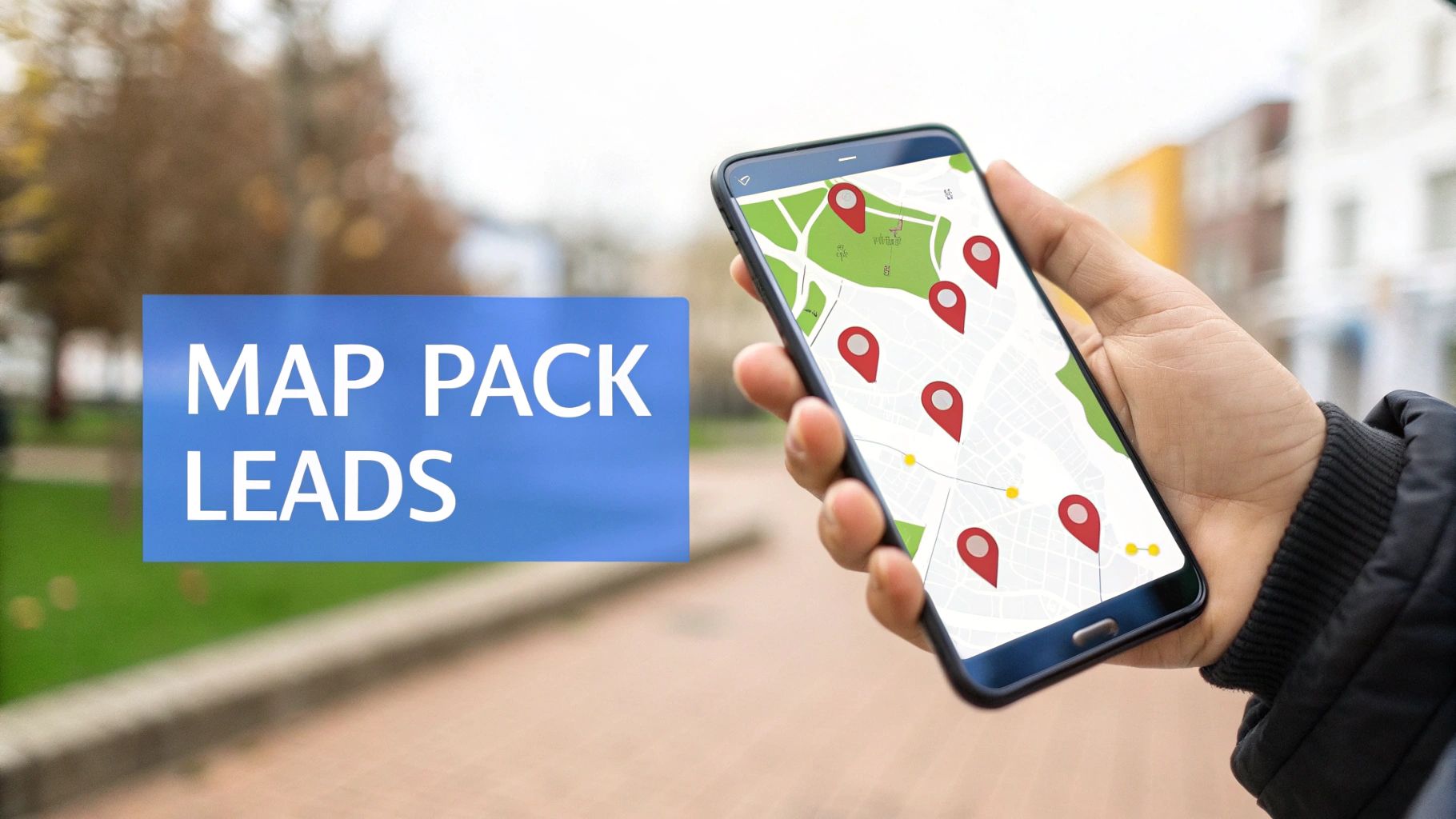 A hand holds a smartphone displaying a map with several red location pins, next to a blue sign reading 'MAP PACK LEADS'.