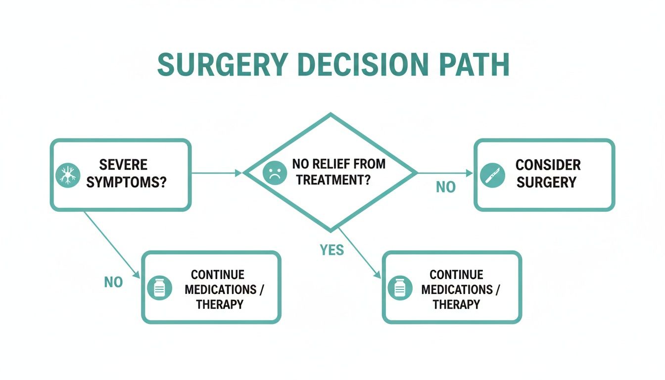 Diagram outlining a surgery decision path with severe symptoms, treatment relief, and medication options.