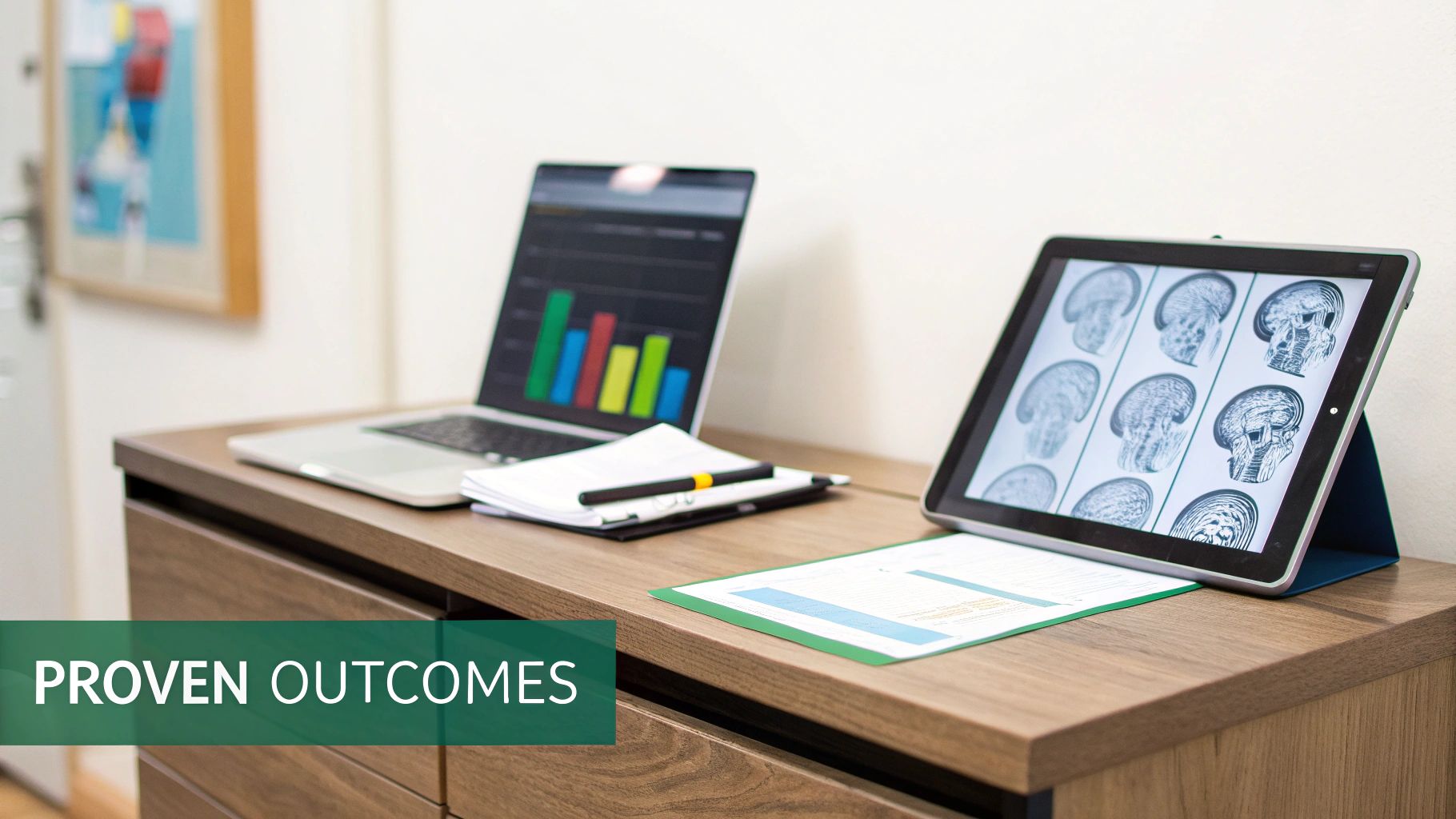 A desk with a laptop displaying charts, a tablet showing brain scans, and documents for medical analysis.