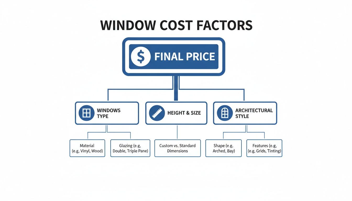 Flowchart detailing window cost factors like type, size, material, glazing, shape, and features.