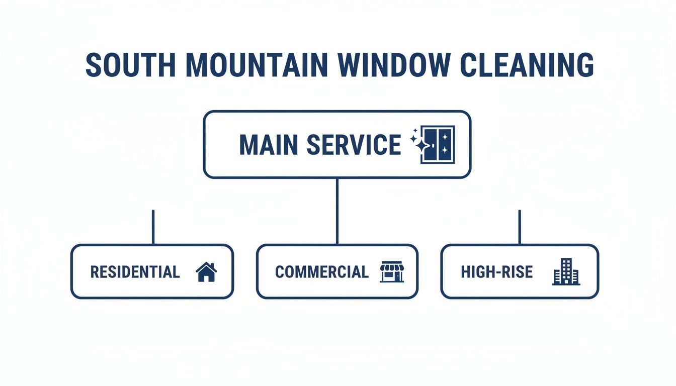 An organizational chart detailing South Mountain Window Cleaning's main services: residential, commercial, and high-rise.