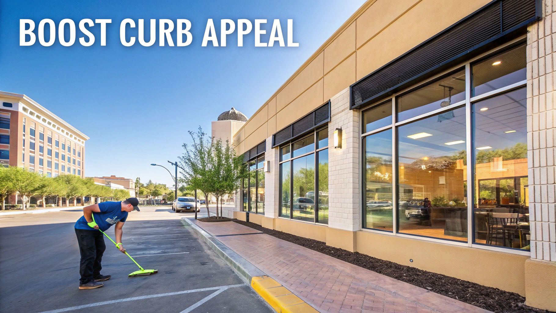 A man sweeping a clean parking lot in front of a modern commercial building with large windows, emphasizing curb appeal.