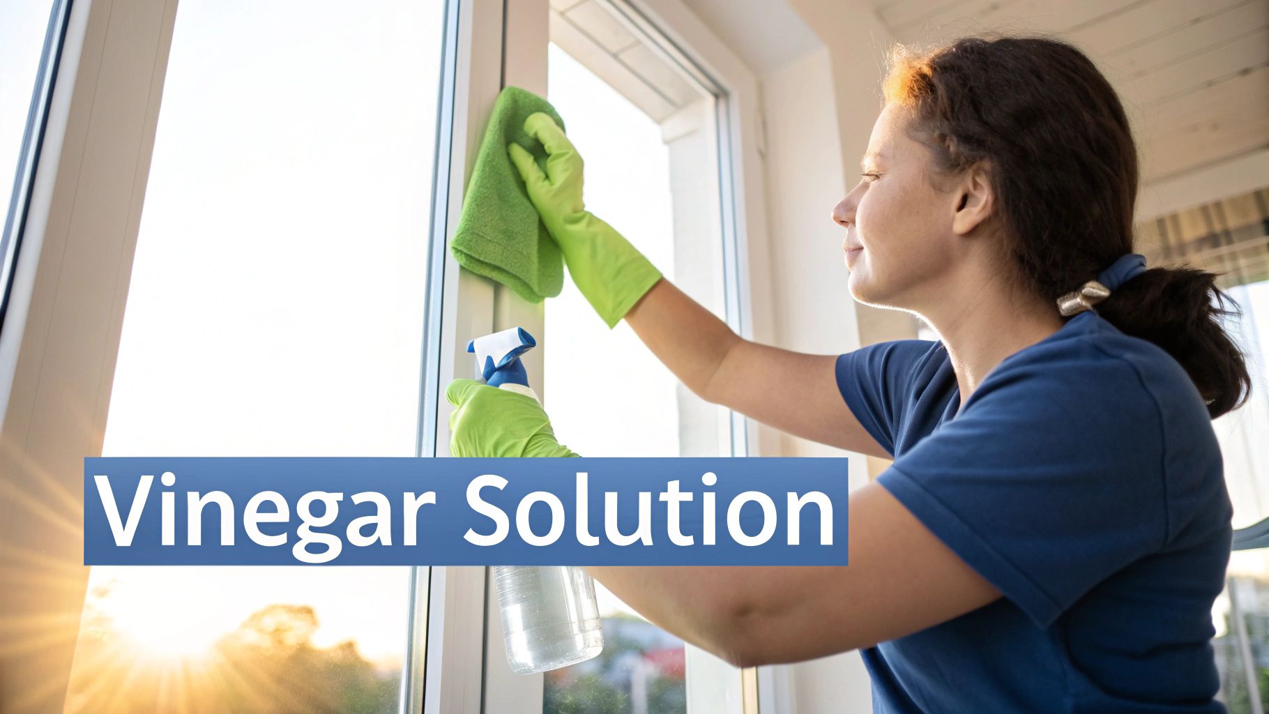 A person spraying a DIY cleaning solution onto a window with light hard water stains.