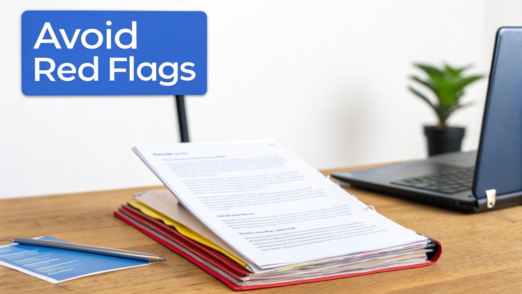 A blue sign on a desk reads 'Avoid Red Flags', next to documents, a pen, and a laptop.