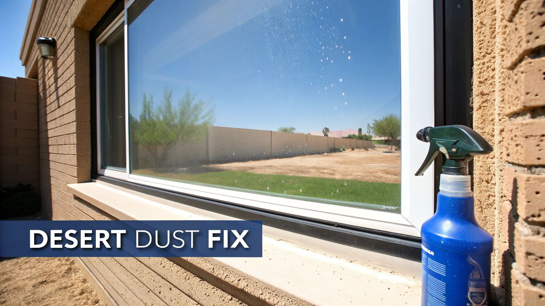 Dusty, hard-water-stained window in the Arizona sun, representing a tough cleaning challenge.
