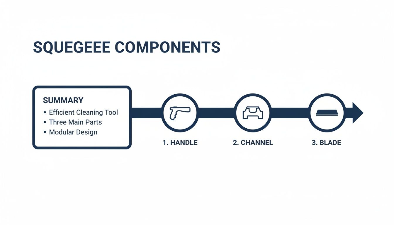A diagram illustrating the main components of a squeegee: handle, channel, and blade.