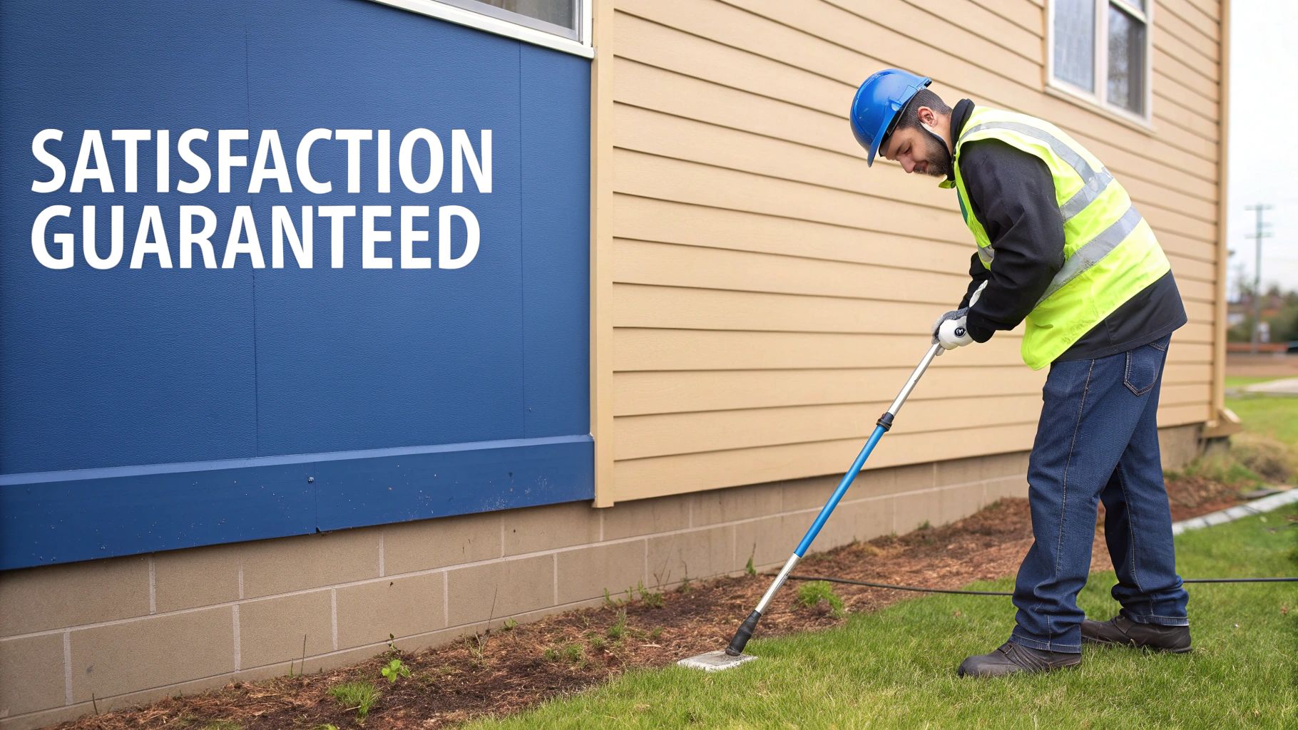 Professional in safety gear cleaning a house exterior, with 'Satisfaction Guaranteed' text displayed prominently.