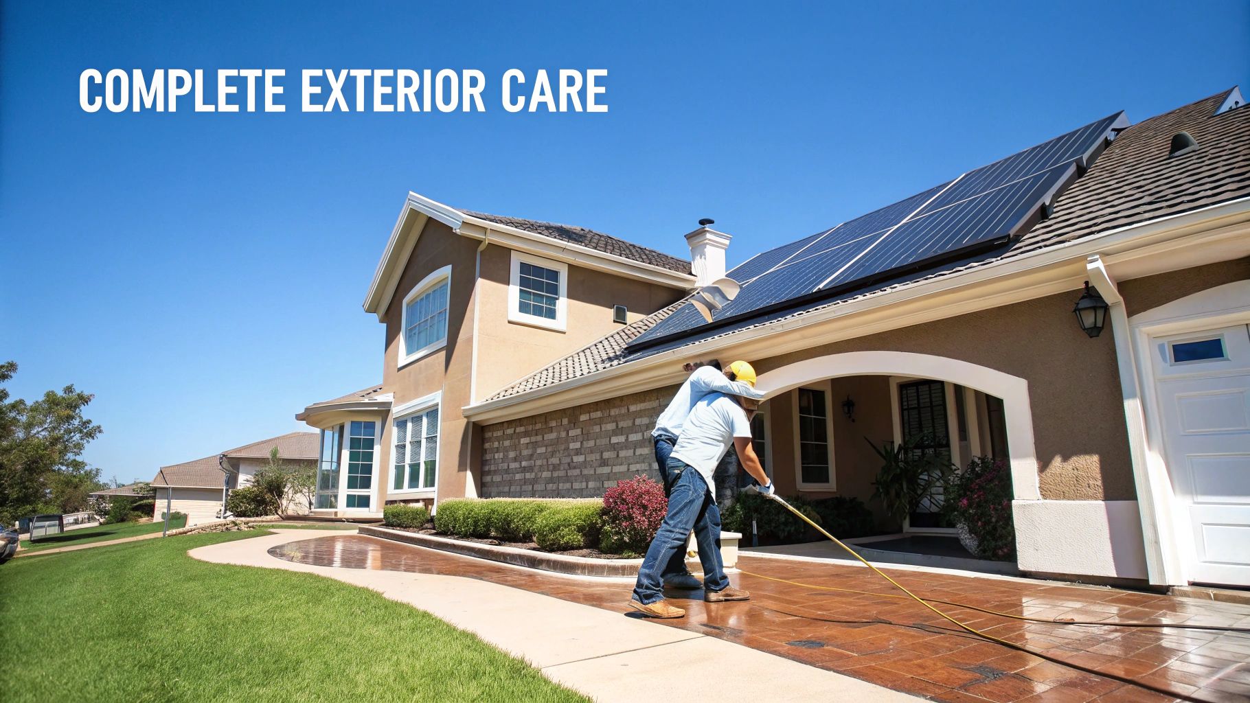 Two men power washing a house driveway, featuring solar panels and clear blue sky.