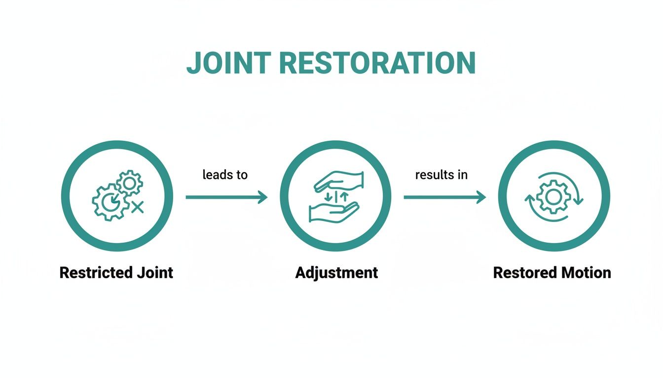 Flowchart illustrating joint restoration process: Restricted Joint leads to Adjustment, resulting in Restored Motion.
