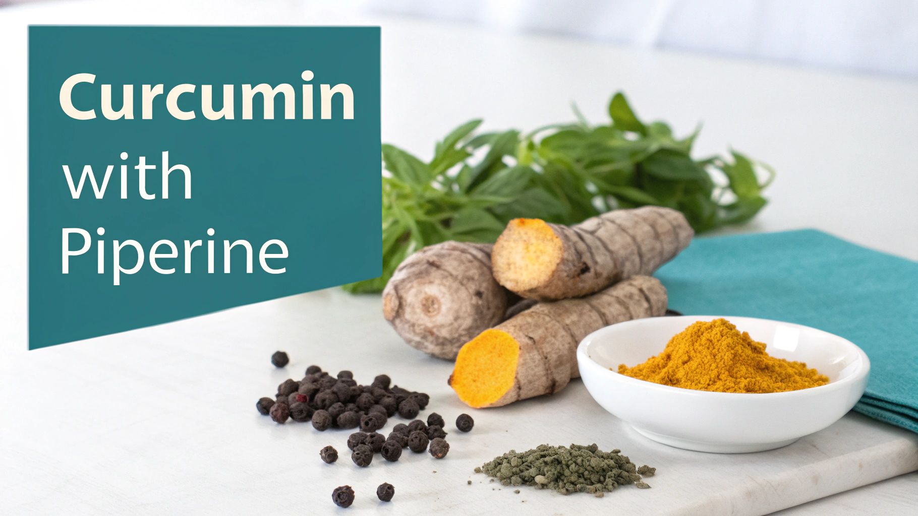 Curcumin with Piperine text on a teal background next to turmeric roots, powder, and black peppercorns.