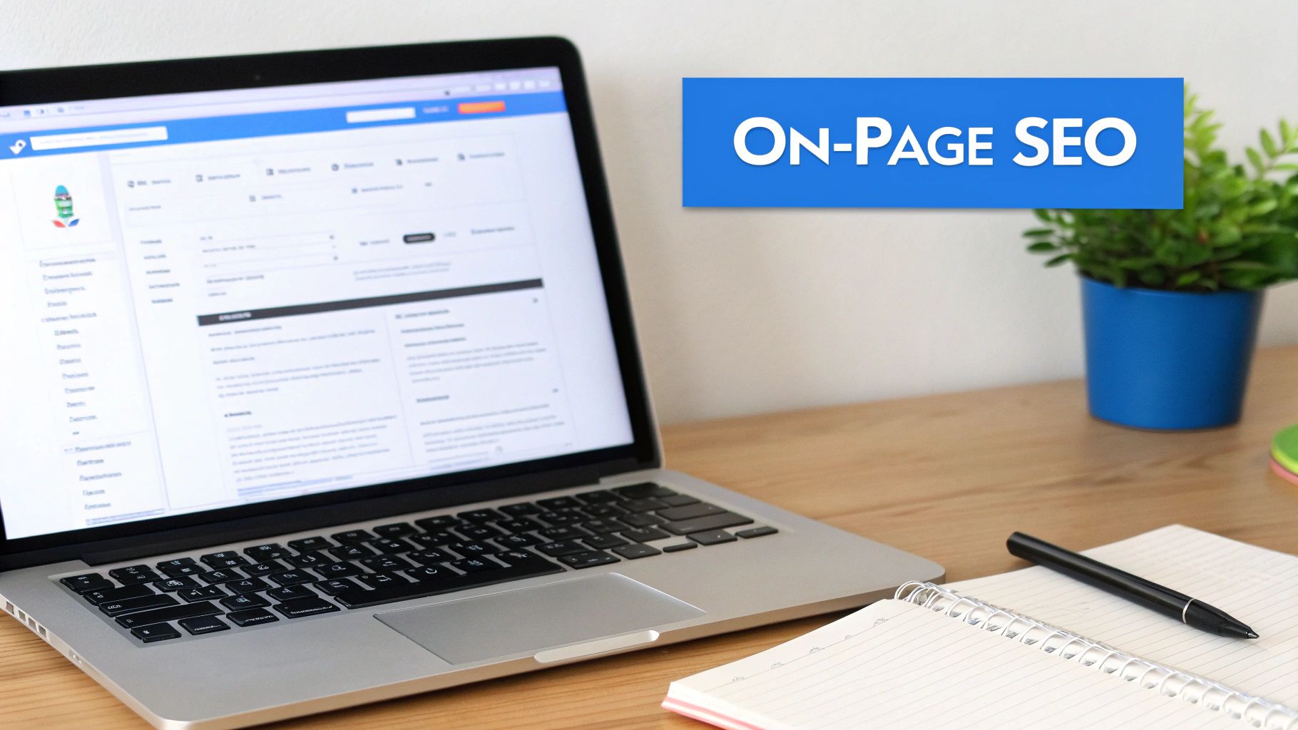 Laptop on a wooden desk showing an SEO interface, with a blue banner displaying 'ON-PAGE SEO'.