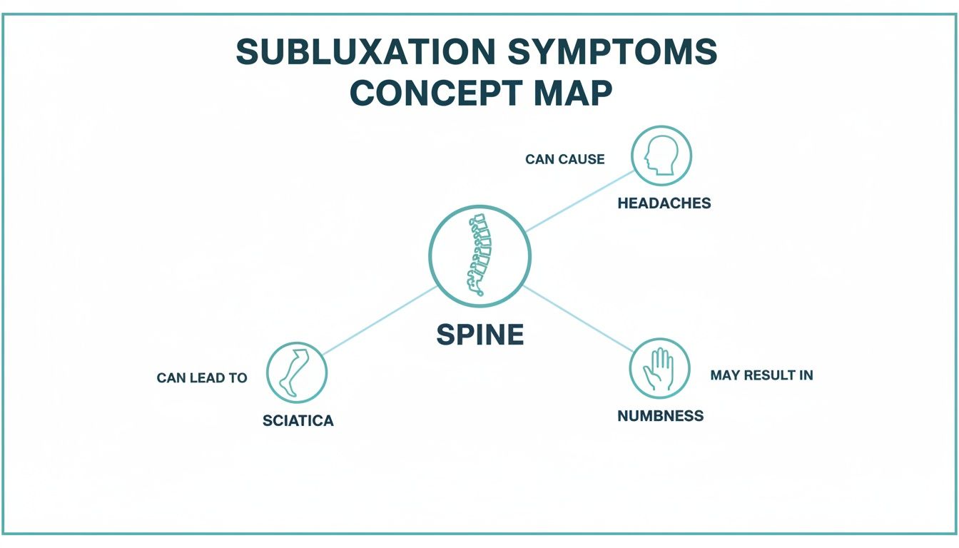 A concept map illustrating subluxation symptoms with the spine as the central cause for headaches, sciatica, and numbness.