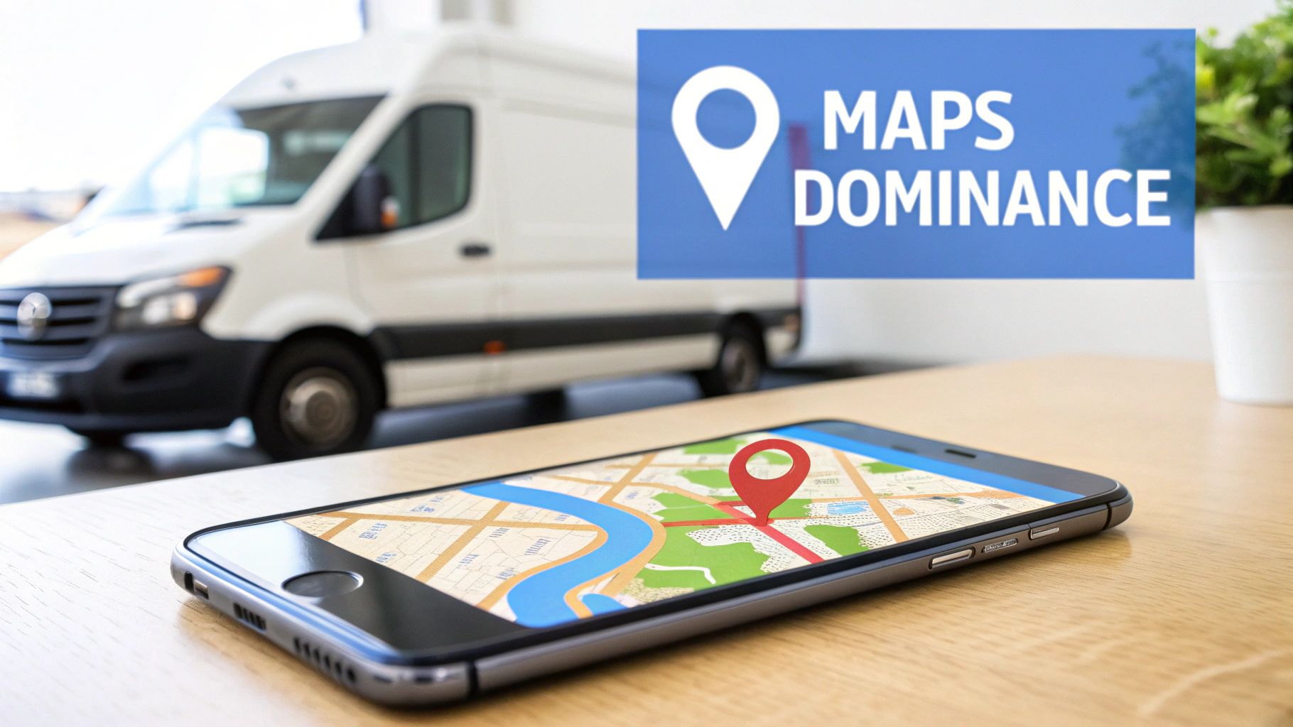 A smartphone displaying a map with a red pin, a blurred delivery van, and a 'Maps Dominance' banner.