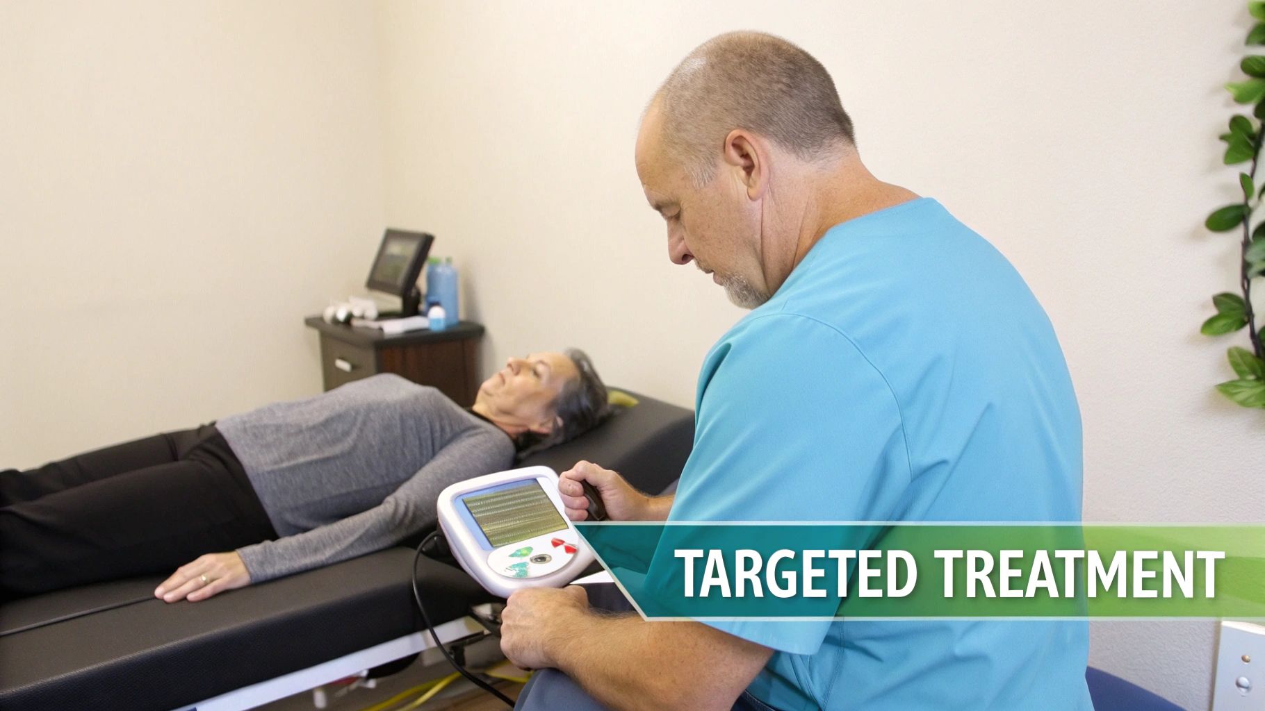 A medical professional administers targeted treatment to a female patient lying on a clinic table.