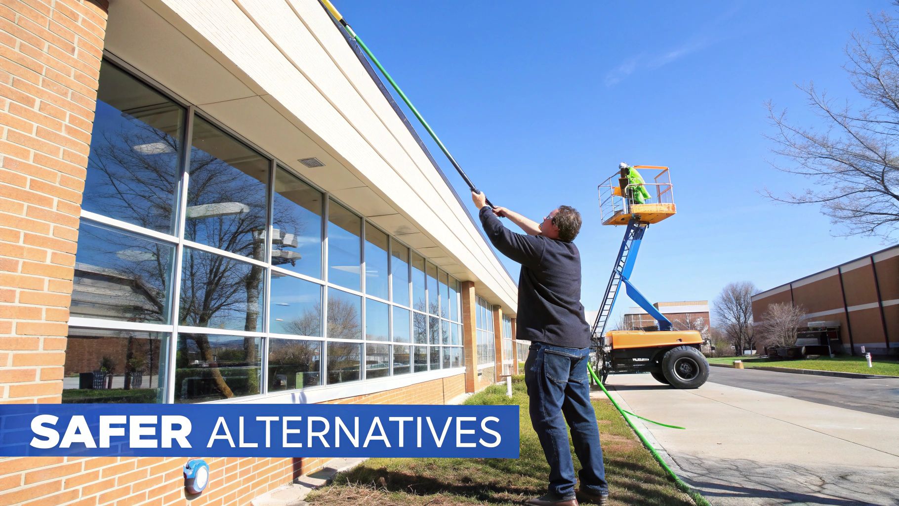 Two workers cleaning a building's large windows using a water-fed pole and a boom lift.