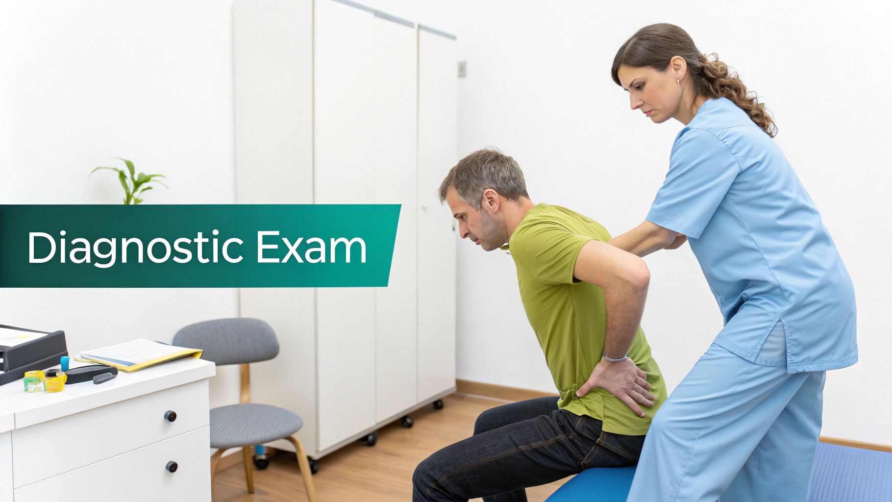 A female physiotherapist examines a male patient's lower back during a diagnostic physical exam.