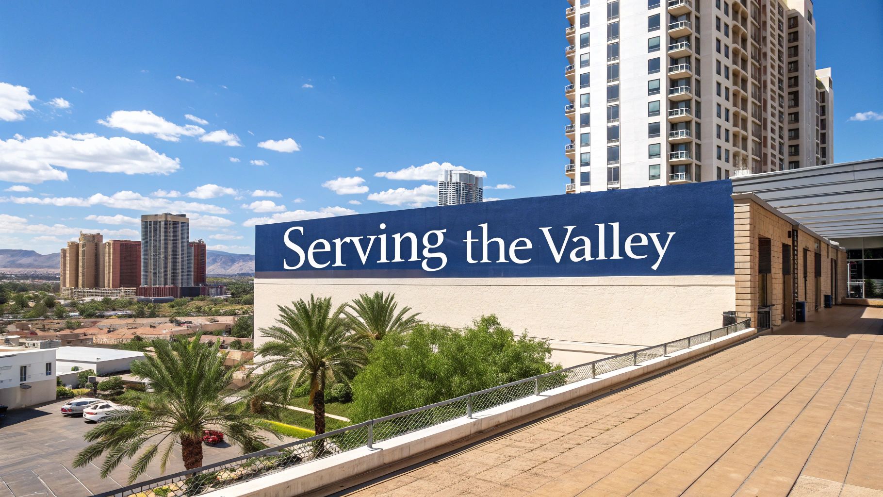 Urban landscape with a banner saying 'Serving the Valley', tall buildings, palm trees, and a blue sky.