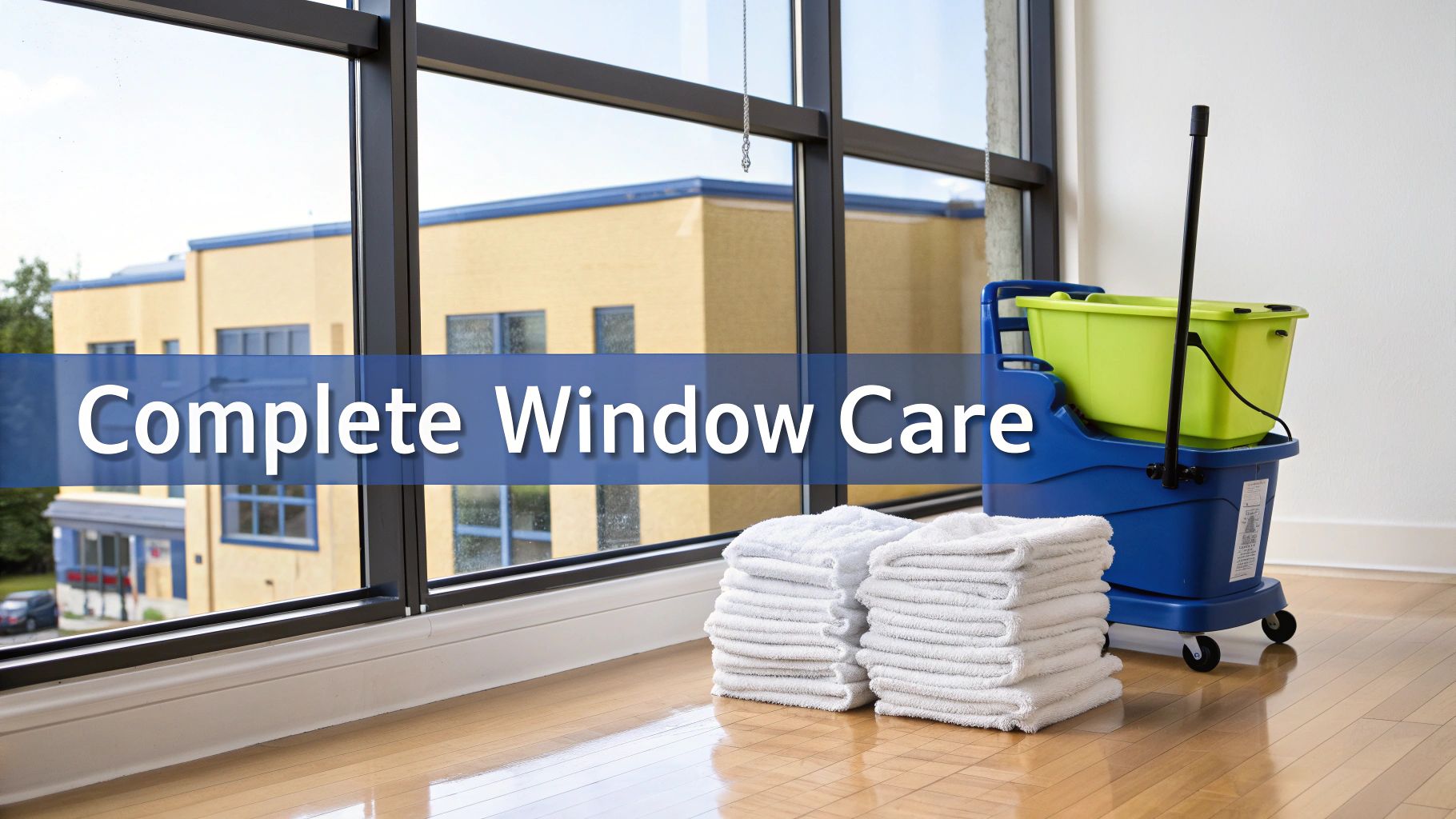 A person professionally cleaning the interior of a large window