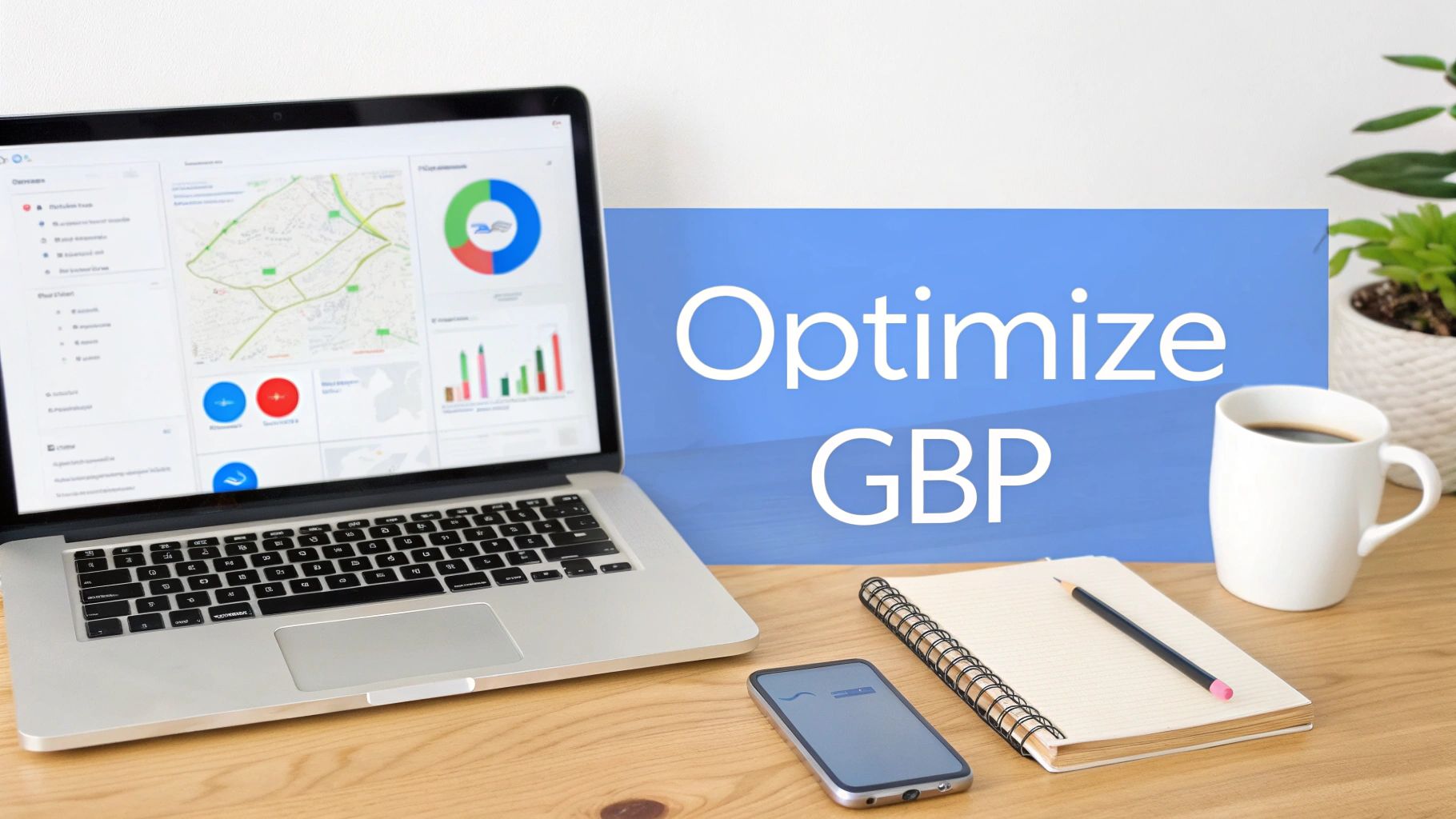 Modern workspace with a laptop displaying business analytics, a smartphone, notebook, coffee, and a banner reading 'Optimize GBP'.