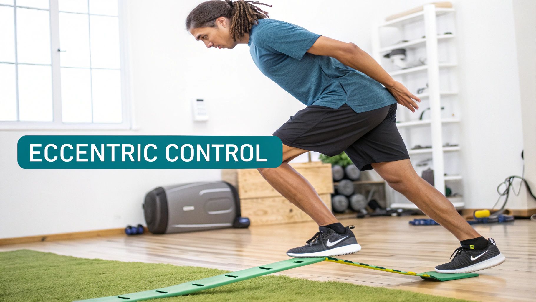 A man performs an eccentric control exercise using slide boards on a green mat in a gym setting.