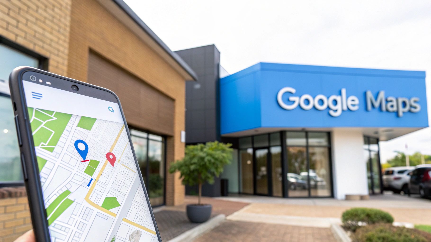 A smartphone displays Google Maps navigation to a building with a prominent Google Maps sign.
