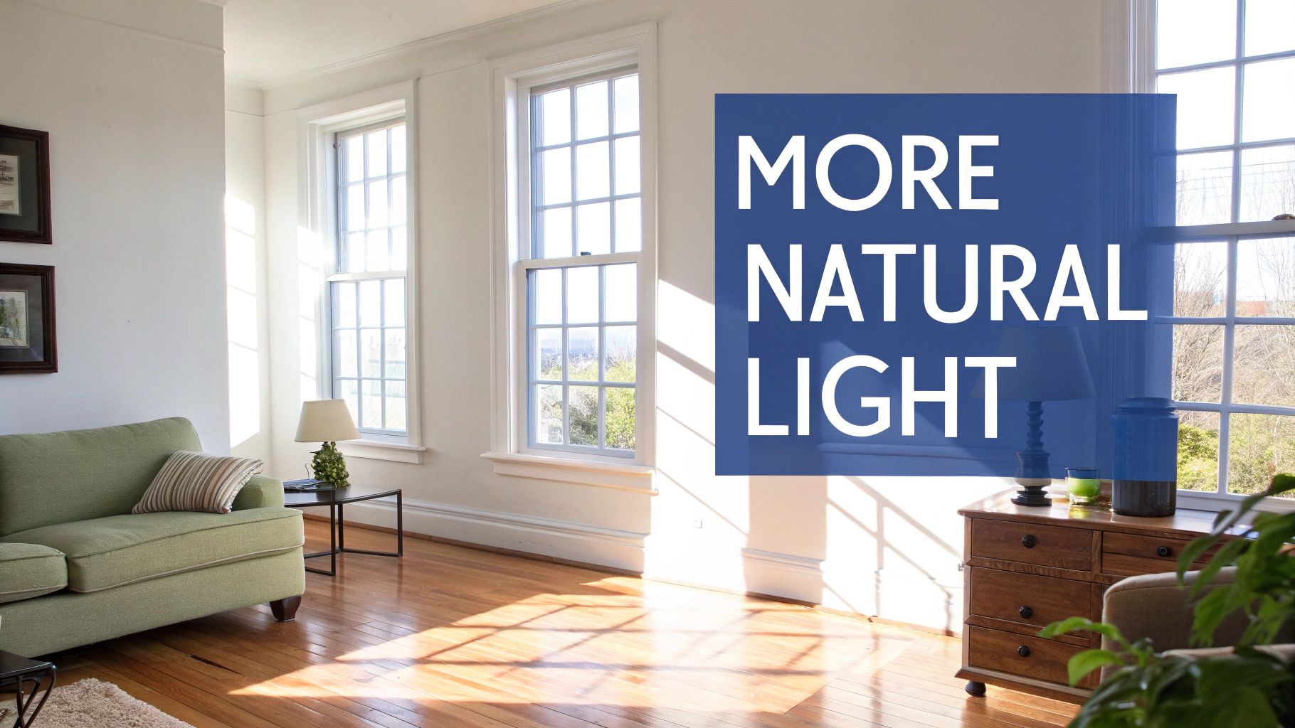 A bright, sunlit living room with large windows, a green sofa, and wooden floors showcasing natural light.