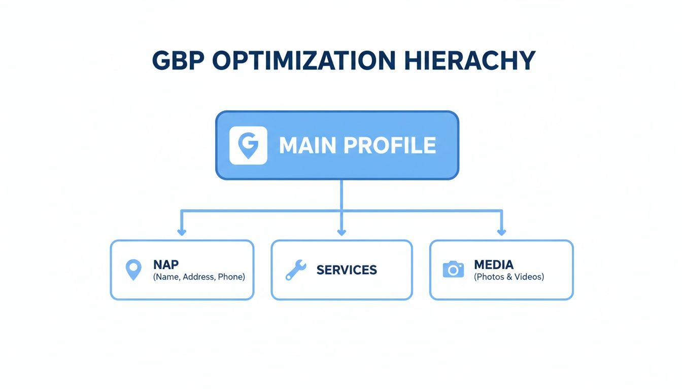 Diagram illustrating the Google Business Profile (GBP) optimization hierarchy, with Main Profile, NAP, Services, and Media.