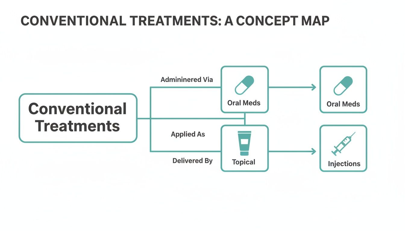 Concept map illustrating conventional treatment types: oral medications, topical applications, and injections.