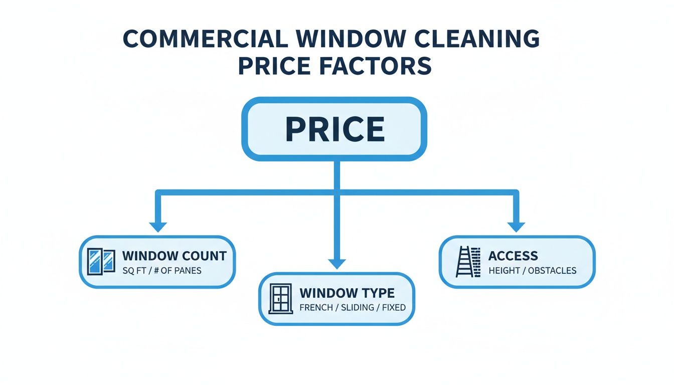 Flowchart illustrating commercial window cleaning price factors including window count, type, and access.
