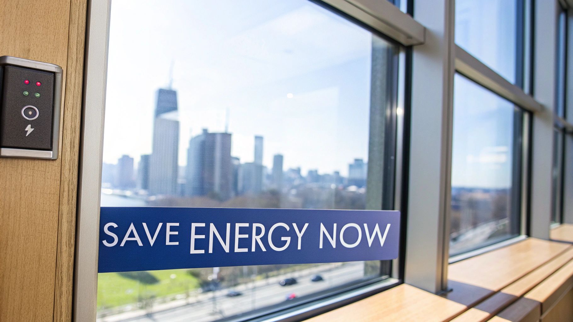A 'SAVE ENERGY NOW' sign on a window overlooking a cityscape, with an energy control panel on the wall.