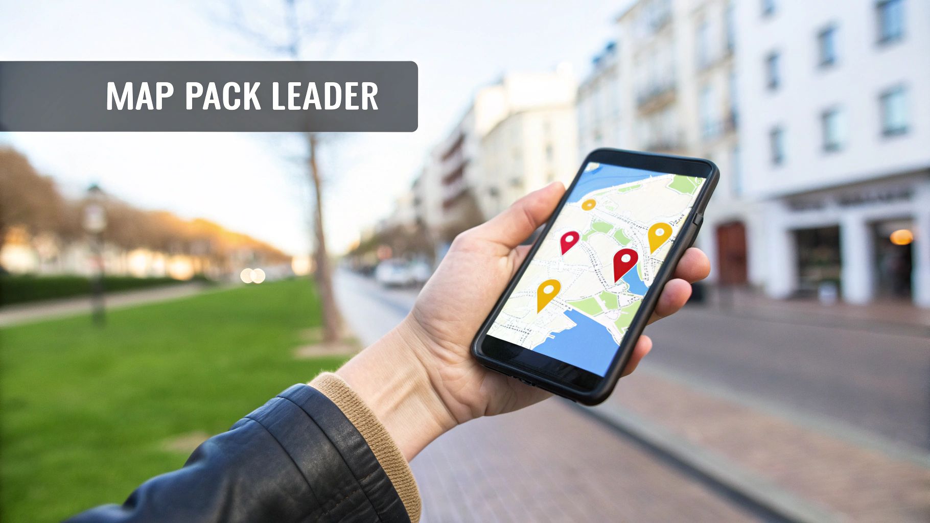 Hand holding a smartphone displaying a map with location pins on a city street, text 'MAP PACK LEADER'.