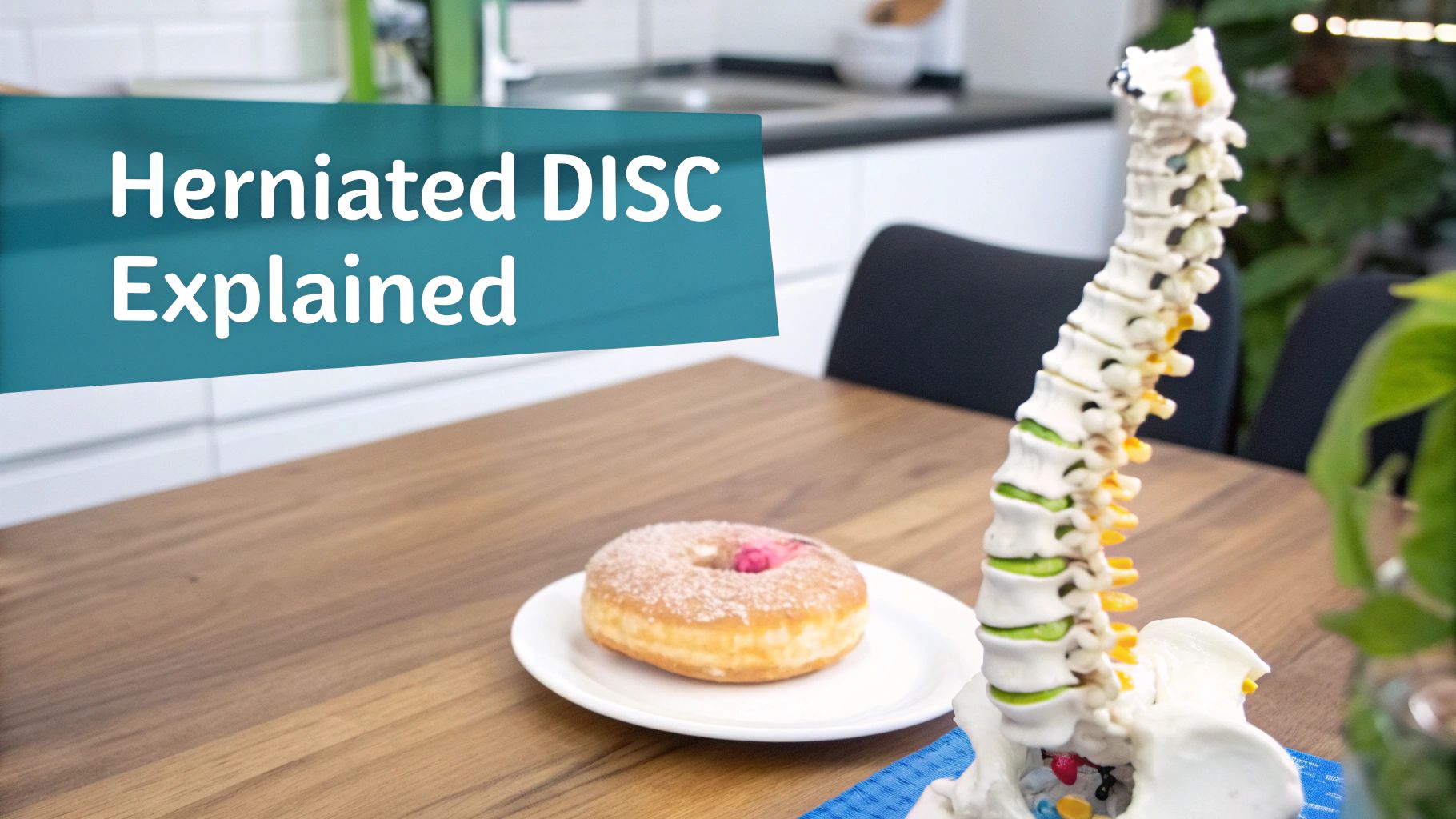 A human spine model and a sugar-dusted donut on a plate, with a blue banner displaying 'Herniated DISC Explained'.