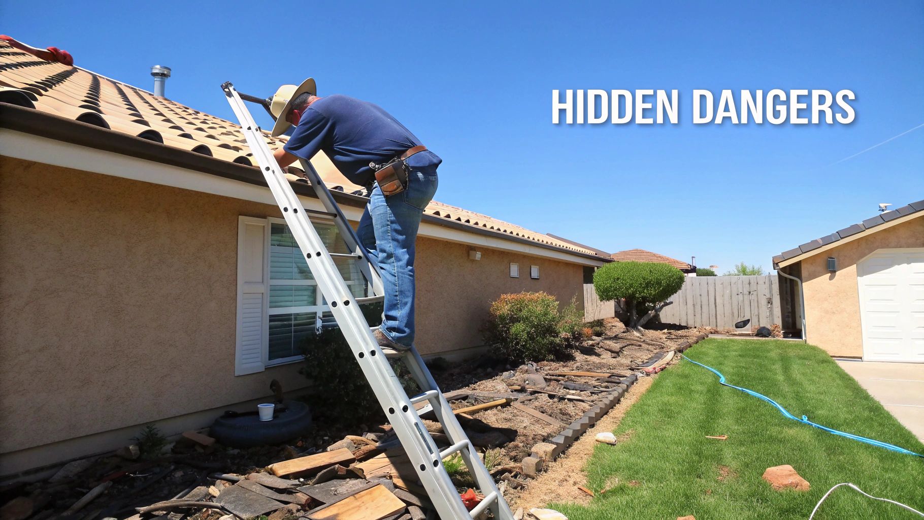 A man on a ladder working on house gutters under text 'HIDDEN DANGERS', showing fall risks.