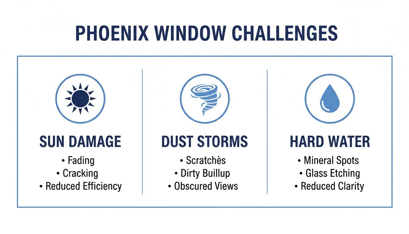 Infographic detailing Phoenix window challenges: sun damage, dust storms, and hard water, with associated problems.