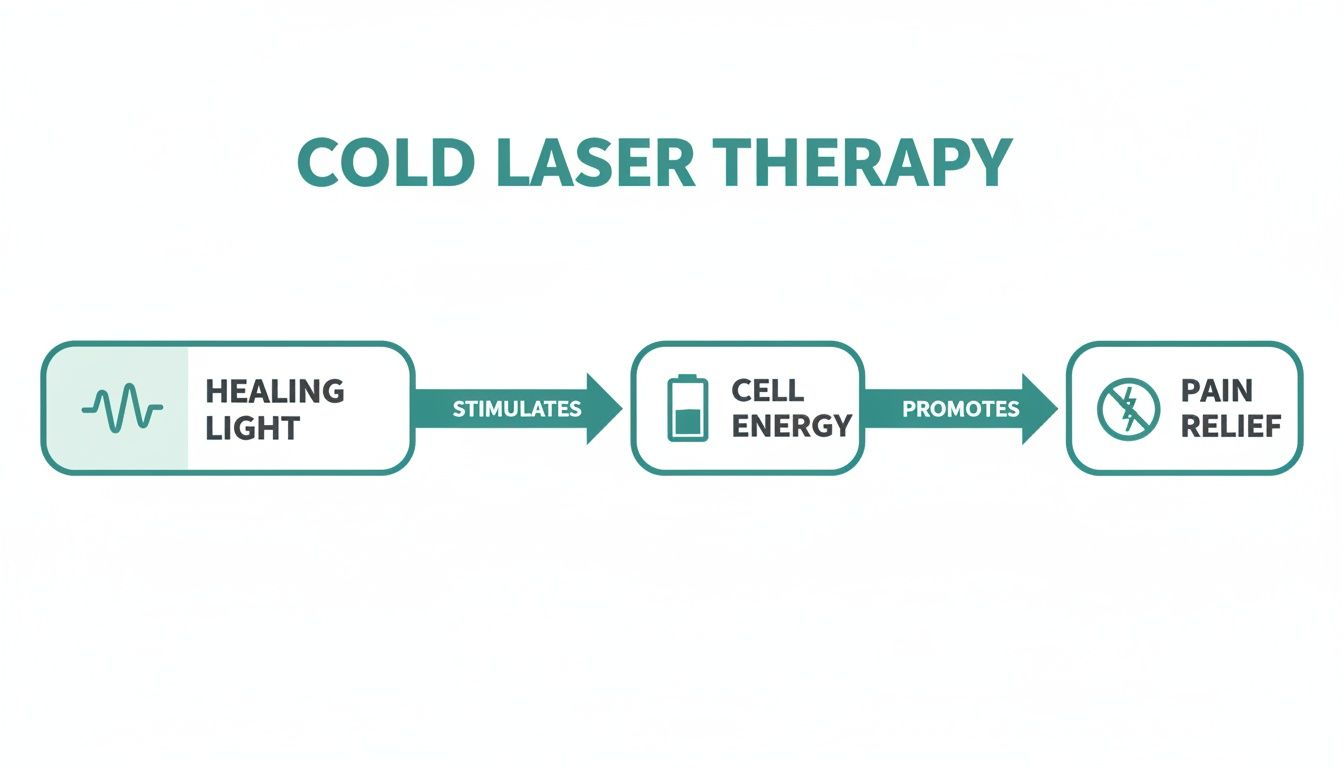 Flowchart explaining how cold laser therapy uses healing light to stimulate cell energy for pain relief.